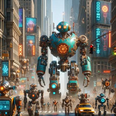 The primary subject of the image is a large blue robot, which is the main focus of the scene. The robot is walking down a busy city street, surrounded by numerous smaller robots and people. The setting is a bustling urban environment with traffic lights and various buildings in the background. The visual style of the image is a combination of photo and digital art, creating a futuristic and dynamic atmosphere. The dominant colors in the image are blue and orange, with the blue robot standing out against the orange and blue cityscape.